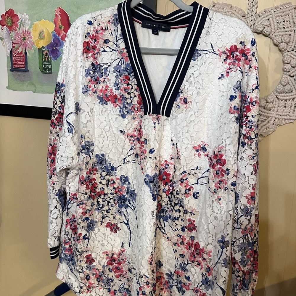 Tommy Hilfiger Floral Lace V-Neck Blouse - White, Navy,Pink Long Leaves Layered